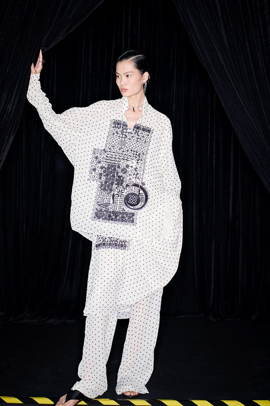 M essential Mackay designer Fubo tulle printed pavé embroidery stand-up collar shirt - LOVE.