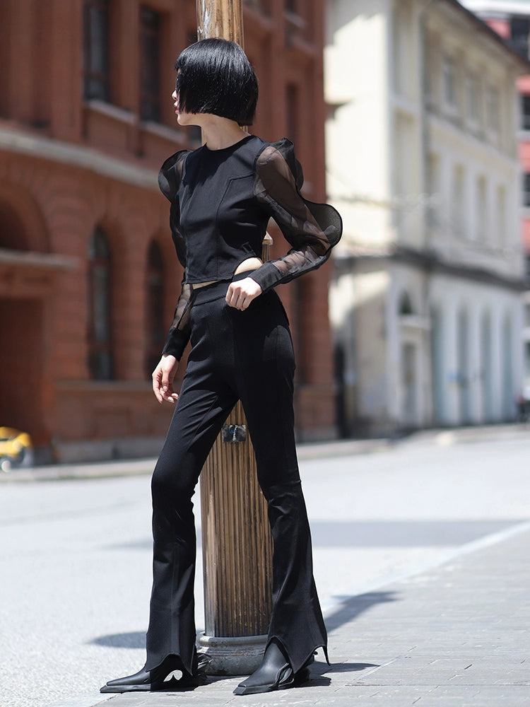 ANNAKIKI Niche Designer Black Star-Shaped Bootcut  Casual Pants-HINATA