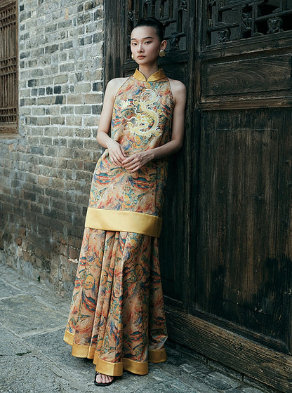 HECO Chinese Contrast Mural Big Swing Fishtail Skirt - MIGRO.