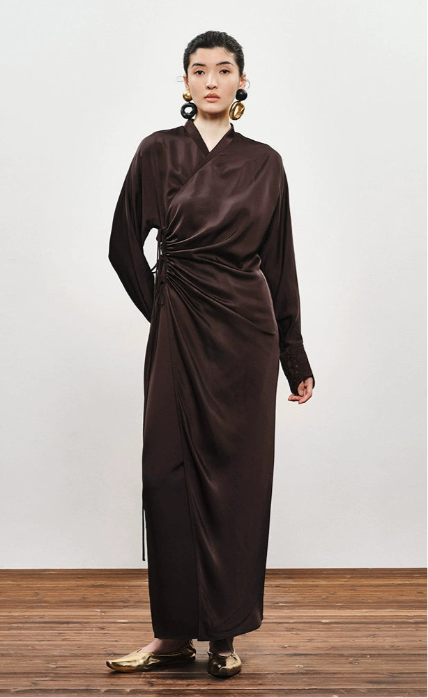 ZHUCHONGYUN Brown long-sleeve midi wrap dress-TRAIFY.