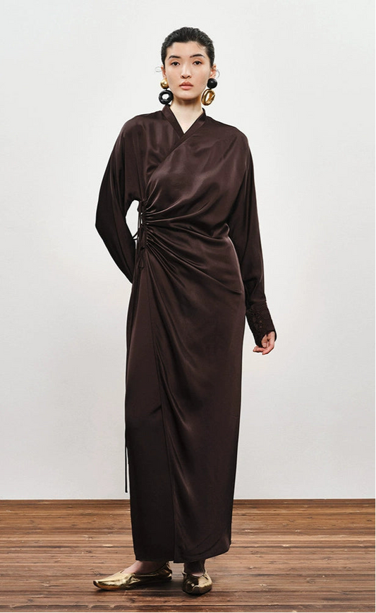 ZHUCHONGYUN Brown long-sleeve midi wrap dress-TRAIFY.