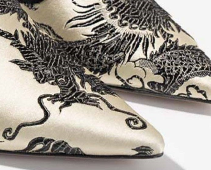 B-FEI Chinese dragon pattern embroidered kitten heel mules-JOER.