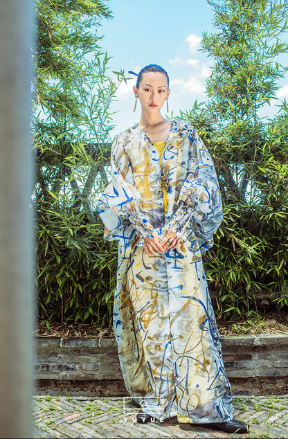 TUYUE Art Print Disc Buckle Light Organza Long Jacket- XENA.