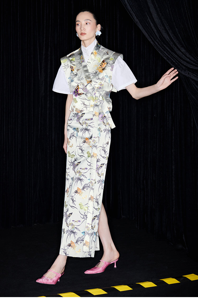 M essential Mackay designer butterfly beaded quilted cottonskirt vest shirt set - toes.