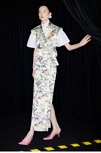 M essential Mackay designer butterfly beaded quilted cottonskirt vest shirt set - toes.