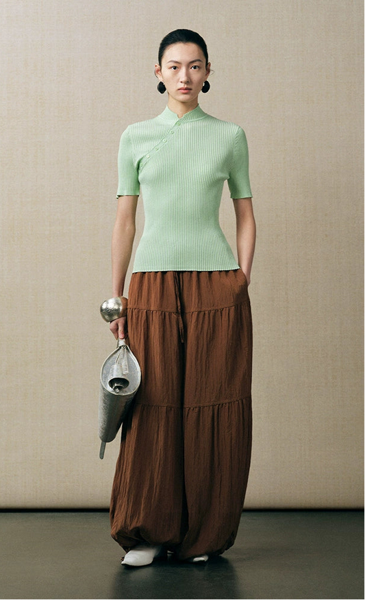 ZHUCHONGYUN Green ribbed slim short sleeve knit top-BIBI.
