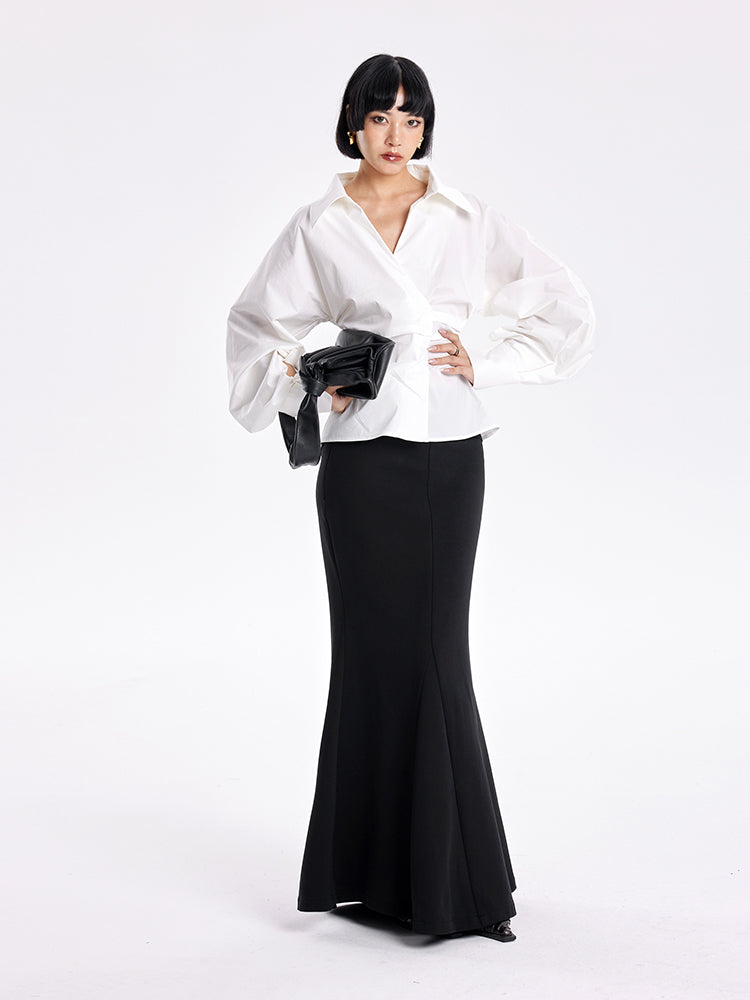 TINY IN stand-up collar casual pinch-pleated curved sleeve cinched waist shirt-KIA