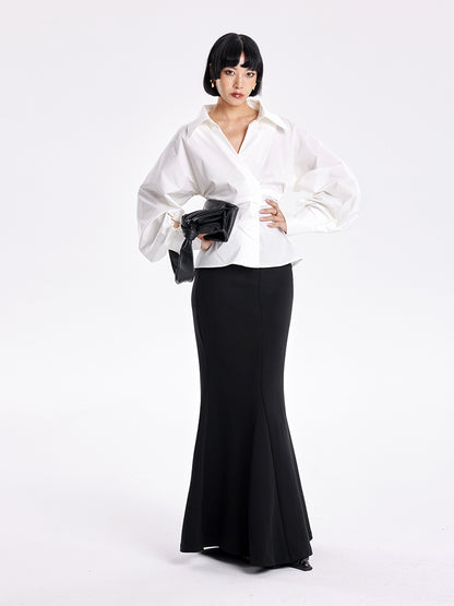 TINY IN stand-up collar casual pinch-pleated curved sleeve cinched waist shirt-KIA