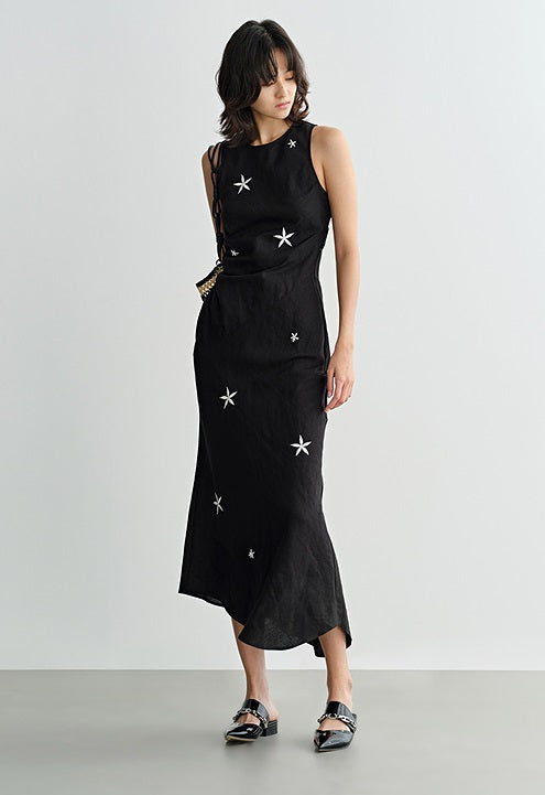 COMME MOI summer backless embroidered beaded black dress - BIANCA.
