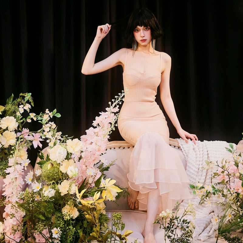 DOLLY Elegant Nude French Style Sleeveless Ruffle Fish Tail Dinner Dress-AMALIA