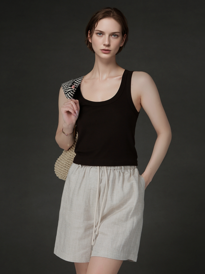 PIAOIN Light Luxury Tencsel Linen Elasticated Waist Drawstring Shorts Versatile Straight Pant-AMELIA