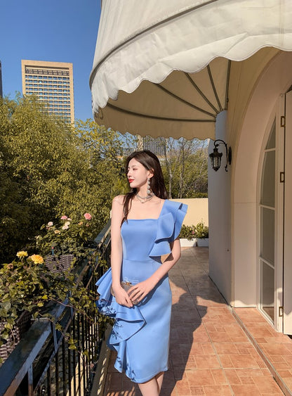 DOLLY Elegant Off Shoulder Ruffle Slim Fit Midi Wedding Guest Dress-JADE