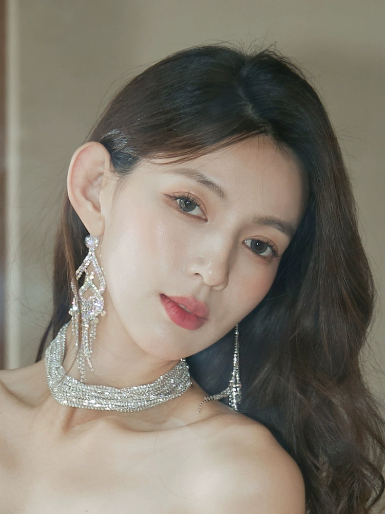 DOLLY Elegant Full Diamond Sliver Tassel Earring-IU