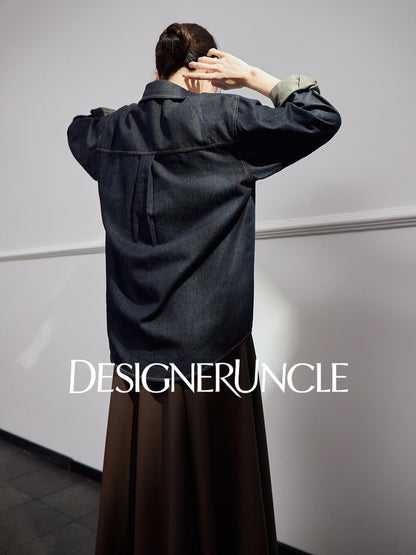 DGU "Fog Shadow" Denim New Retro Velvet Loose Slimming Commuter Top - SENT.