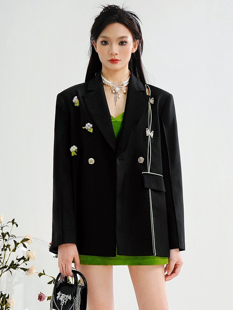 CHECOCRE Elegant Stubble New Chinese Crystal Butterfly Pure Black Coat - CEASER