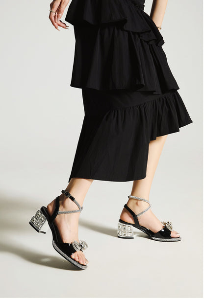 SHOESZOOO Straight Line Rhinestone Thick Heeled Sandals with Bow - GRIT.