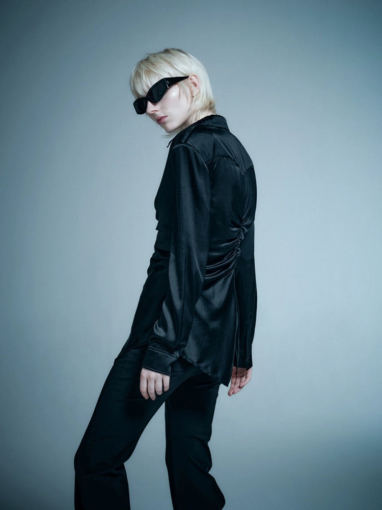 ANNAKIKI niche designer silk V-neck pleated shirt-WENWEN