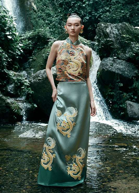 HECO Chinese Embroidery Golden Dragon Acetate Skirt - ALPHA.