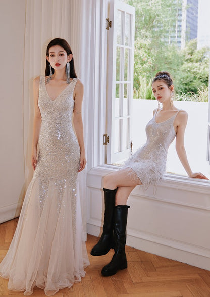 DOLLY Luxury Sliver V-Neck Sleeveless Beaded Sequin Feather Short Dress-JULIA