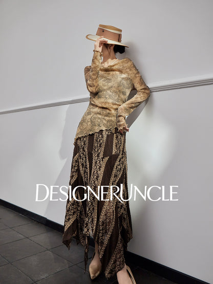 DGU "Night Weave" coffee skirt new A-line high-waisted long slimming top - PAYPHONE.