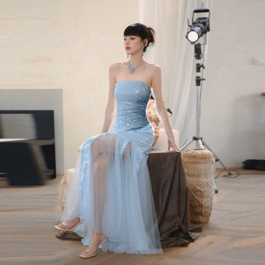 DOLLY Luxury Light Blue Tube Top Sequin Long Mesh Party Dress-Gallie