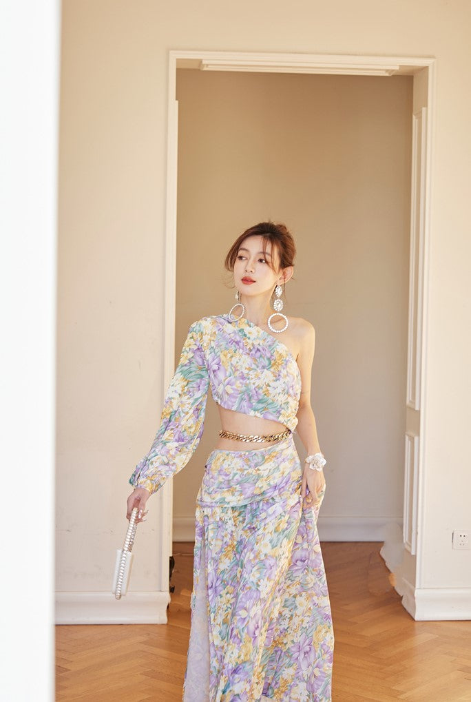 DOLLY Luxury French Style Floral One Sleeve Off Shoulder Waist Baring Slit Resort Dress-LYRA