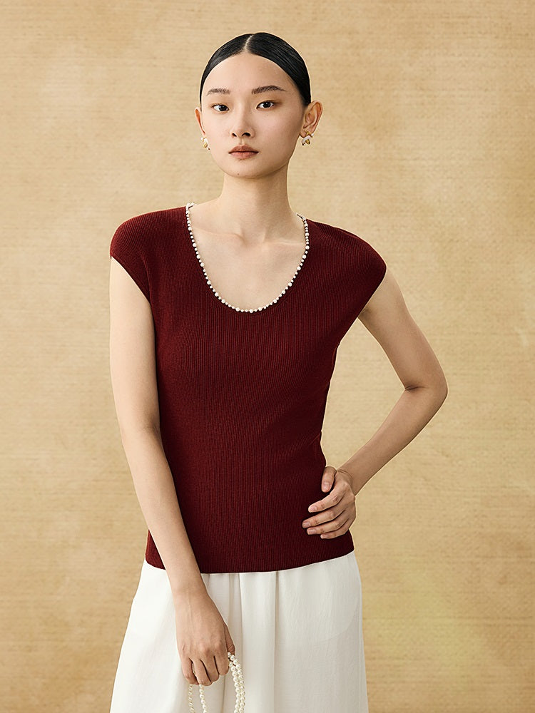 HECO Chinese style U-neck nail bead shoulder wrap small fly sleeve top - ROSE.