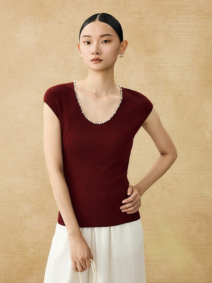 HECO Chinese style U-neck nail bead shoulder wrap small fly sleeve top - ROSE.