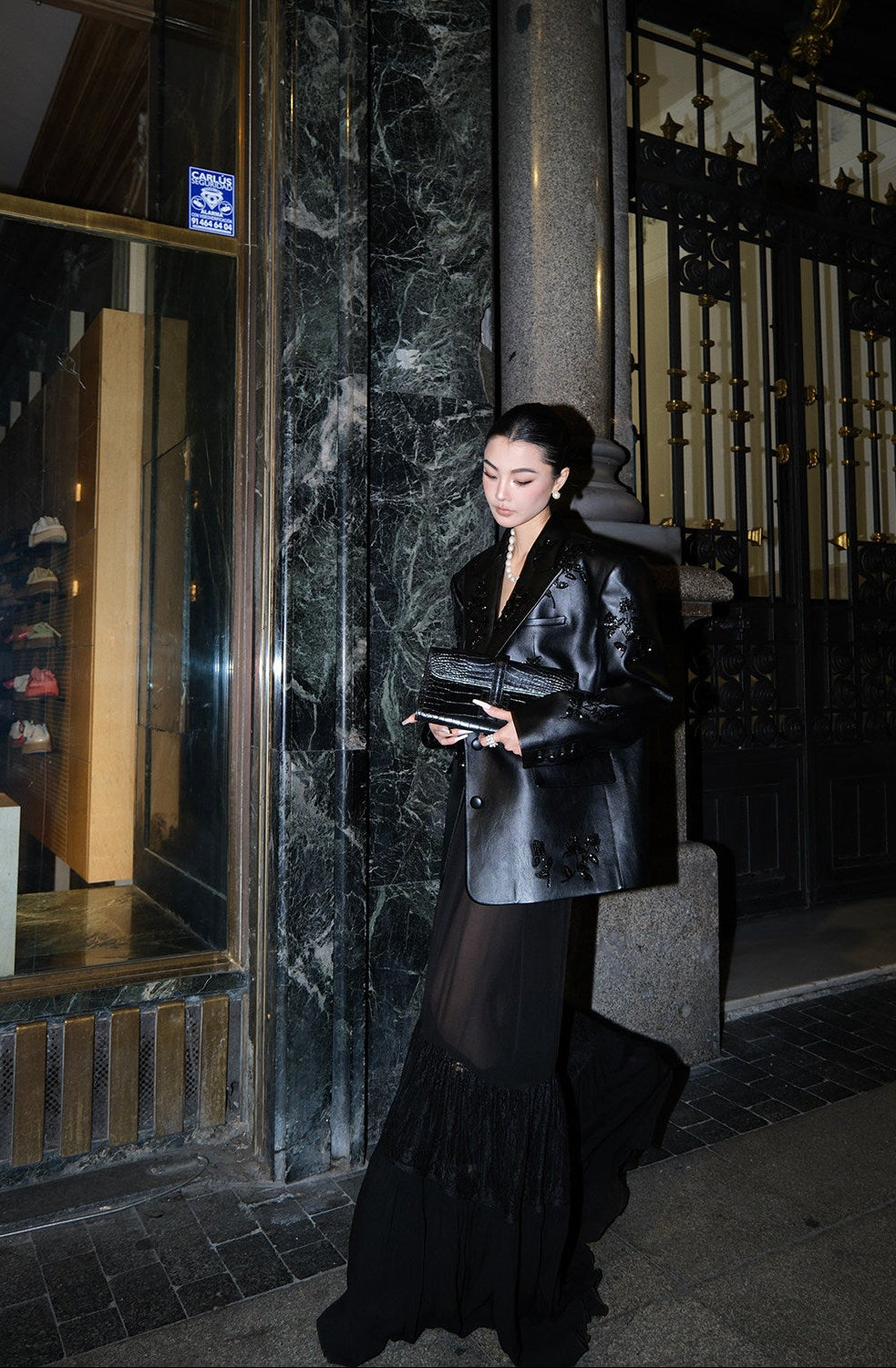 MEI SANGUAN black nail beaded embroidered leather jacket blazer -