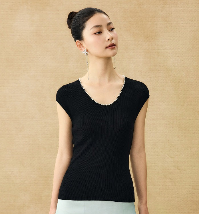 HECO Chinese style U-neck nail bead shoulder wrap small fly sleeve top - ROSE.