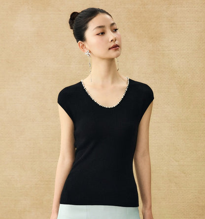 HECO Chinese style U-neck nail bead shoulder wrap small fly sleeve top - ROSE.