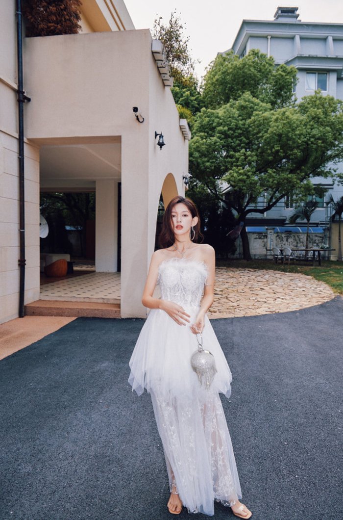 DOLLY Elegant Sleeveless Feather Tube Top Embroidery Long Tutu Dinner Dress-KYLIE