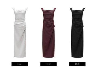 WANGXO | Shiny Silk Stretch Roman Knitwear Square Neck Hip Dress-MIRE.