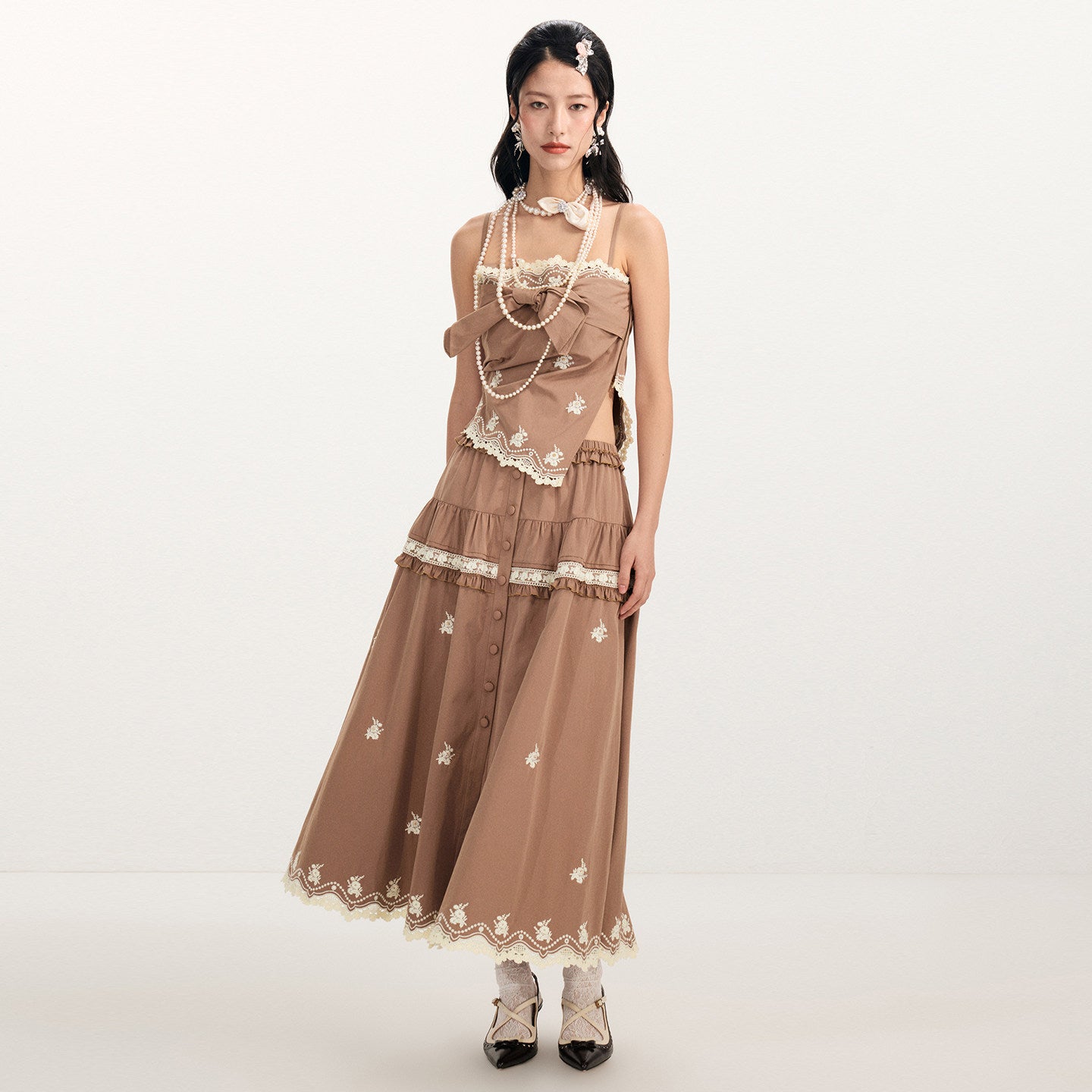 FAME flower embroidery nail beads deconstructed suspender top - ASTRID