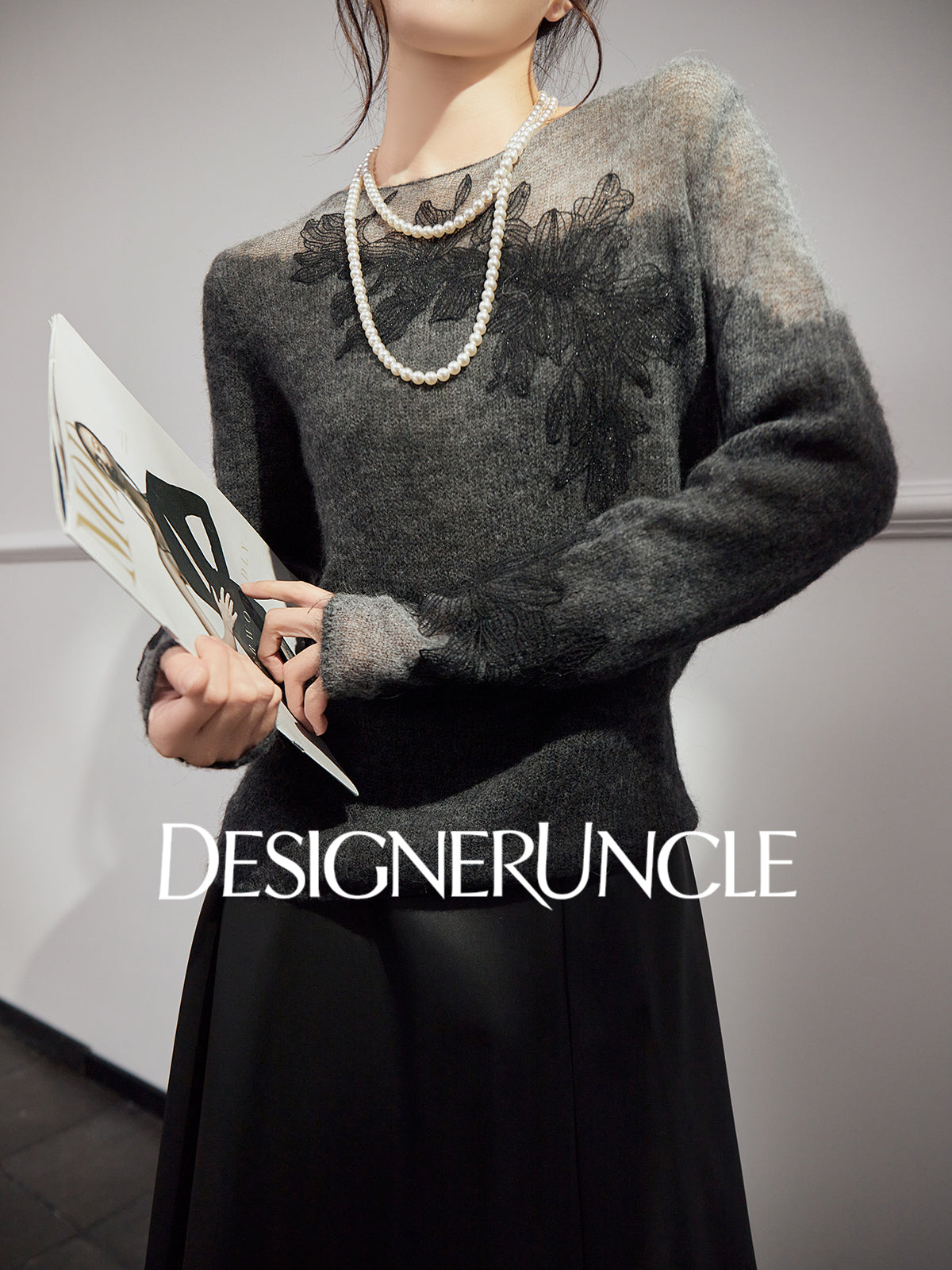 DGU "Yanci" black sweater crew neck commuter versatile slimming knitted long sleeves - GARP.