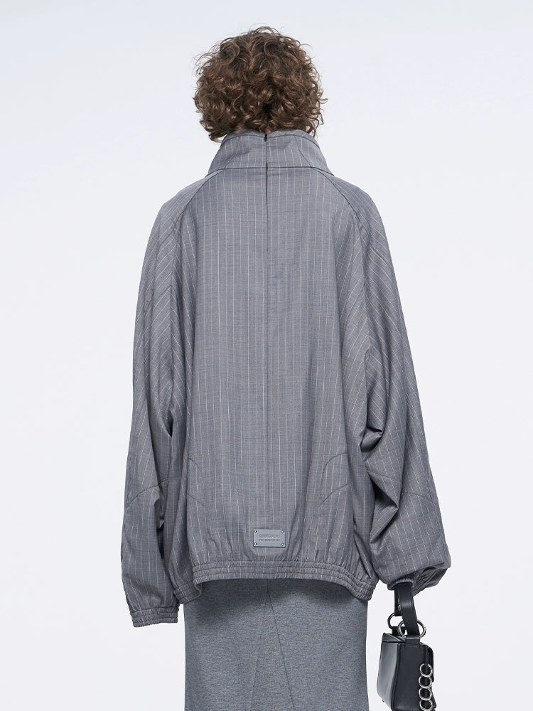 ANNAKIKI Gray Wool Casual Loose Pullover Stand Collar Top-EIKO