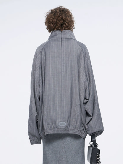 ANNAKIKI Gray Wool Casual Loose Pullover Stand Collar Top-EIKO