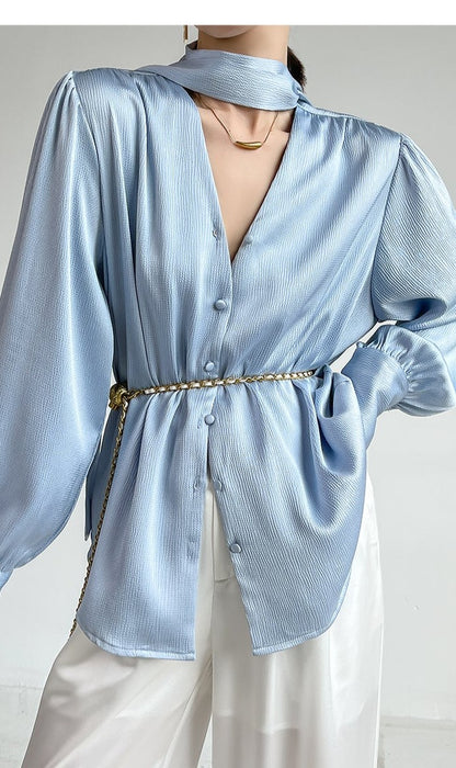 Huanzi high-end V-neck lace-up puff sleeve shirt - True