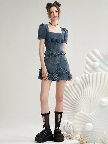 CHECOCRE Stubble sweet suit hakam three-dimensional rose retro fashionable denim skirt - VAIN.