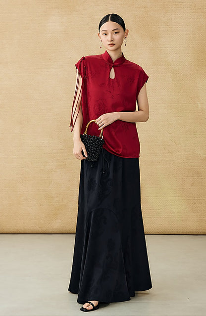HECO Chinese Peony Buckle Short Sleeve Acetate Tassel Top - TEACH .
