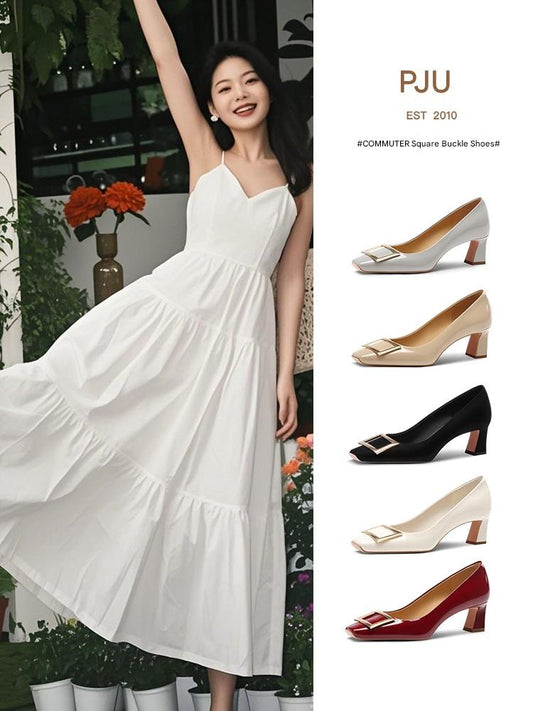 Pjjuu Nude R Square Buckle Single Shoes - NEED