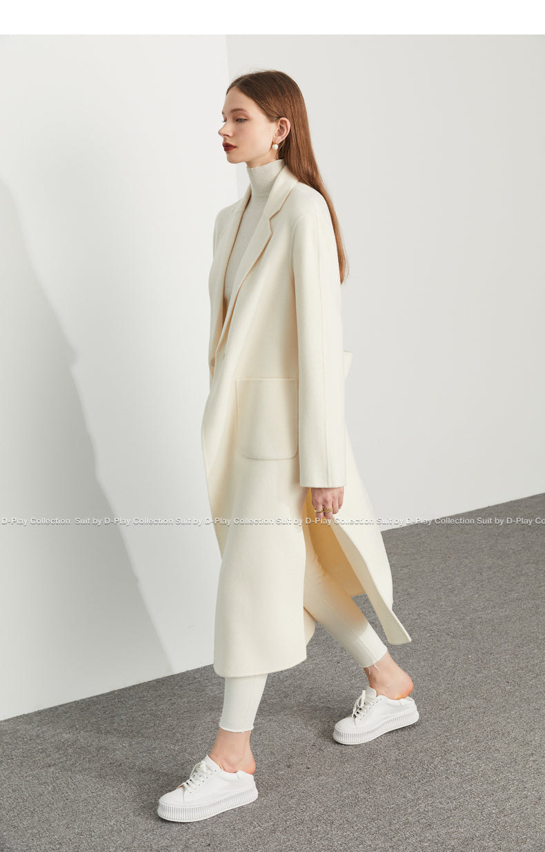 Fall Autumn Cream White Lapel Slit Wide Belt Double Wool Coat - Tianna