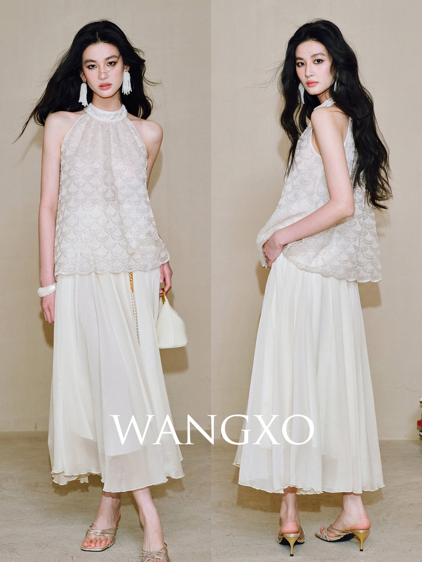 WANGXO Sequin Halterneck Top & A-Line Gauze Skirt - ZELDA.