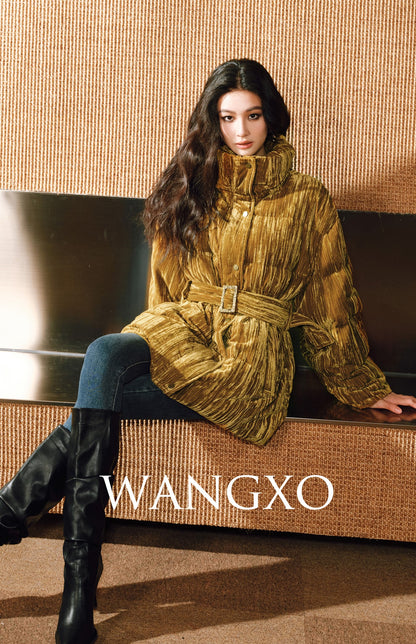 WANGXO |Pleated Velvet Jacket with Stand-Up Collar and Belt-ESMA.