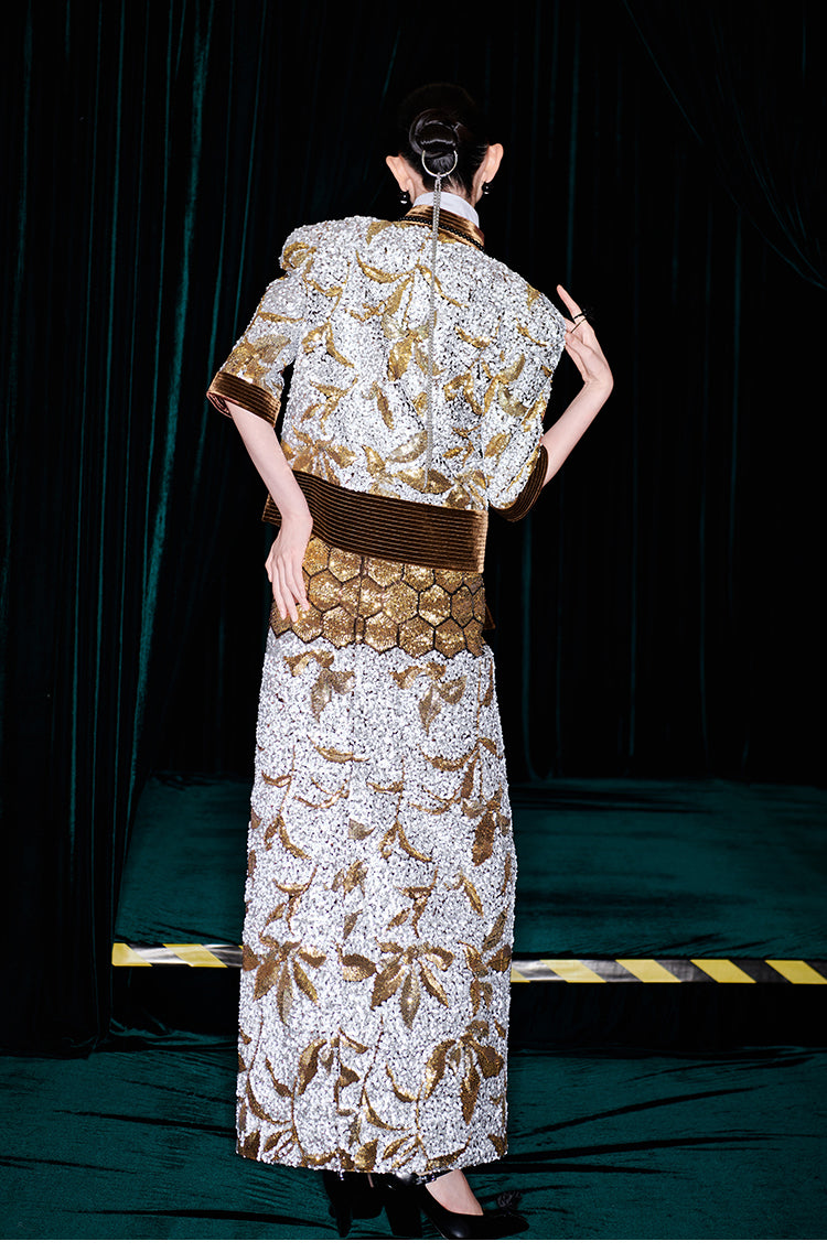 M essential Mackay luxury brown silver stand collar short seuins  jacket top pencil skirt set - sans.