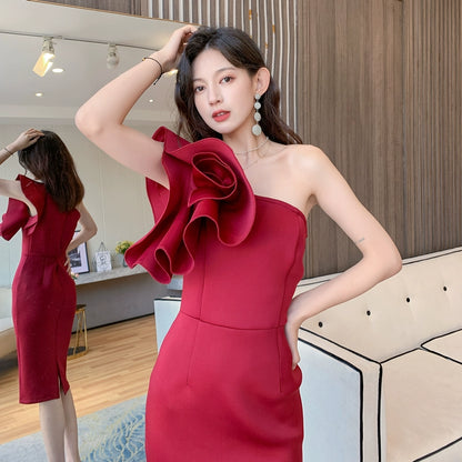 DOLLY Elegant Slant Collar Off Shoulder Petal Sleeves Dinner Dress-AMINA