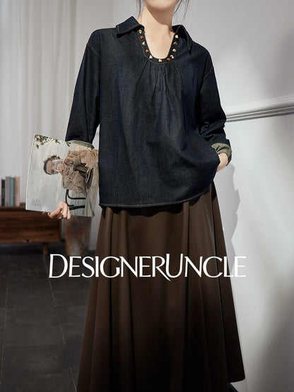 DGU "Fog Shadow" Denim New Retro Velvet Loose Slimming Commuter Top - SENT.