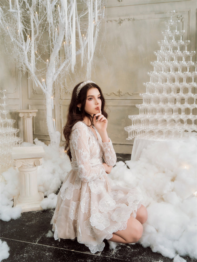 Wardrobes By Chen Off White Long Sleeve Flower Lace Party  bridal Dress- Asha