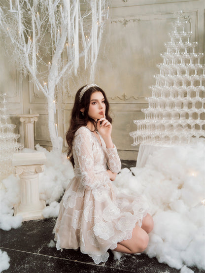 Wardrobes By Chen Off White Long Sleeve Flower Lace Party  bridal Dress- Asha