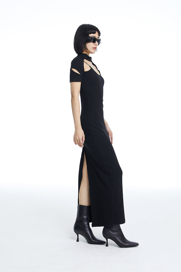 TINY IN fake two-piece deconstructed knitted back slit midi black dress -PUPIN